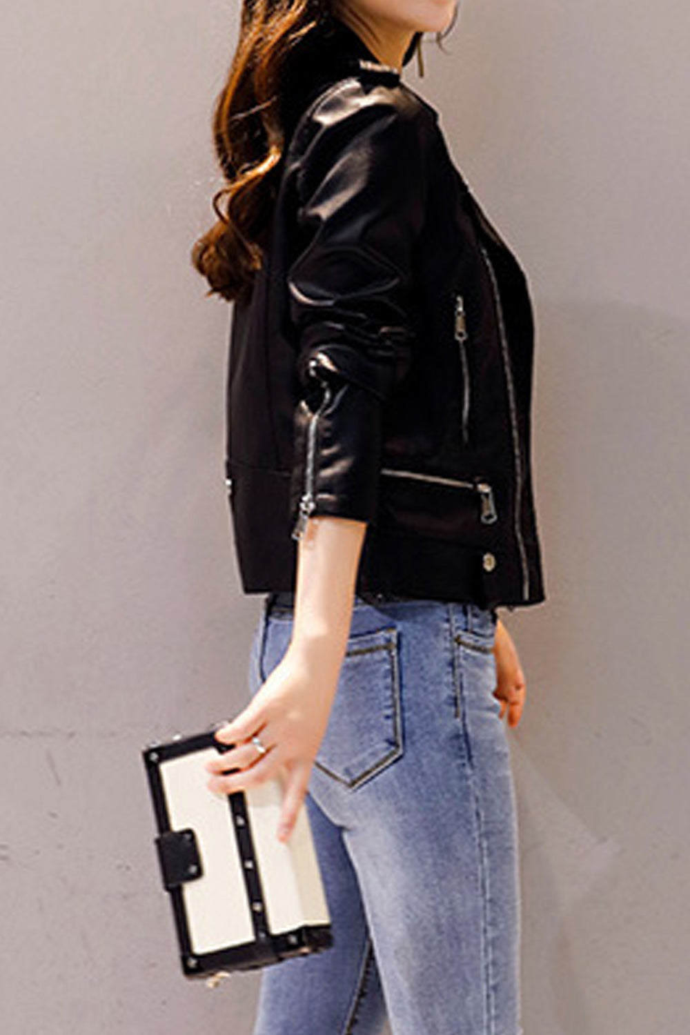 Women Convenient Big Collar Neck Fashionable Long Sleeve Leather Jacket
