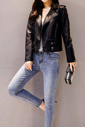 Women Convenient Big Collar Neck Fashionable Long Sleeve Leather Jacket