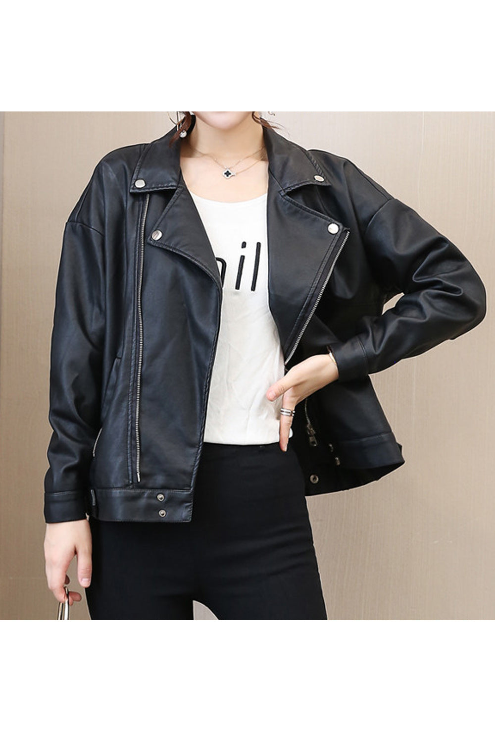 Women Zipper Closure Pocket Long Sleeve Lovely Solid Colored Leather Jacket