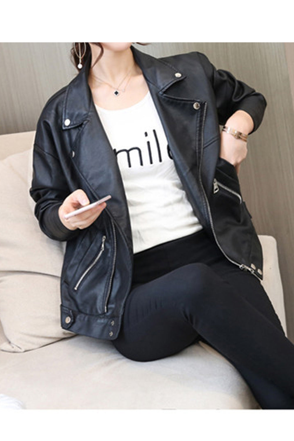 Women Zipper Closure Pocket Long Sleeve Lovely Solid Colored Leather Jacket