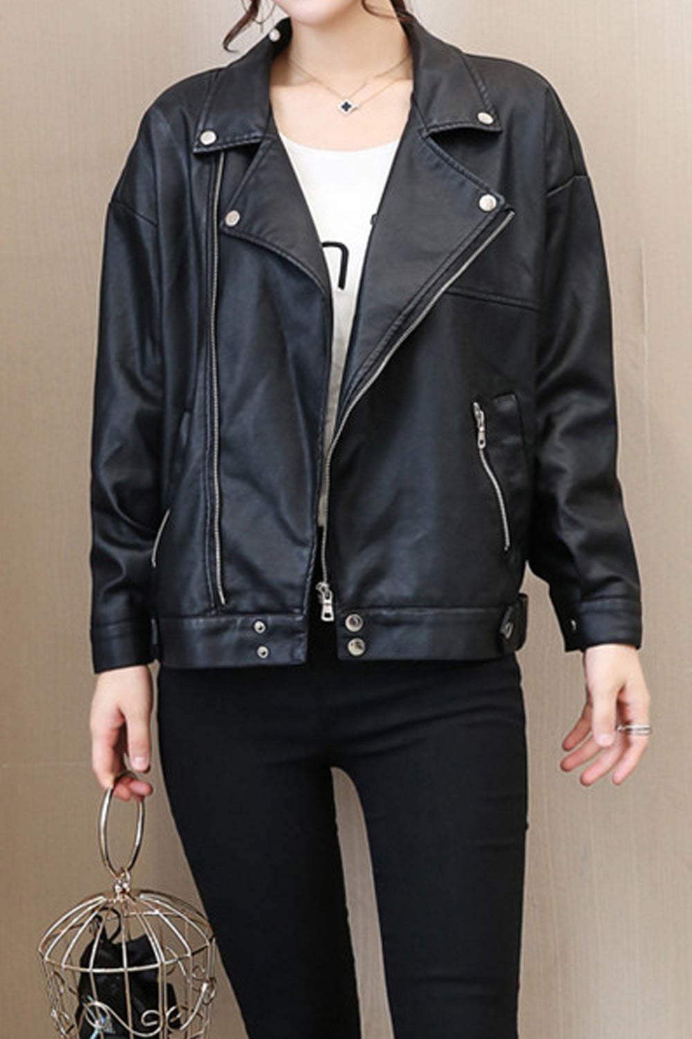 Women Zipper Closure Pocket Long Sleeve Lovely Solid Colored Leather Jacket