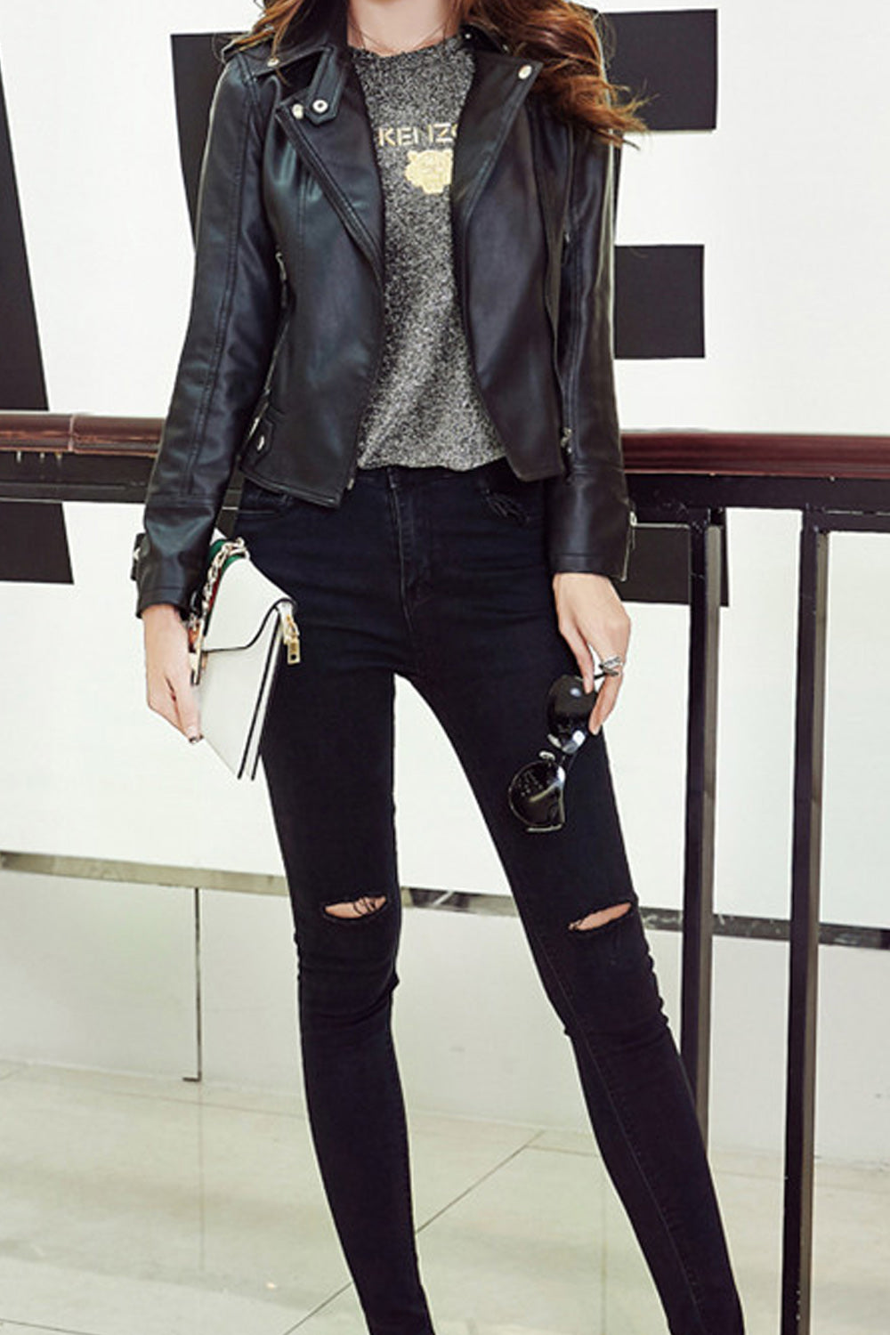 Women Elegant Solid Colored Cozy Long Sleeve Thick Leather Jacket