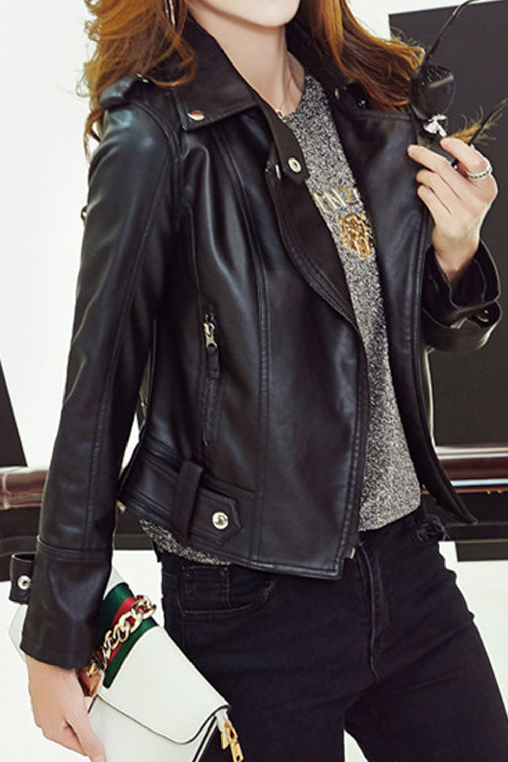 Women Elegant Solid Colored Cozy Long Sleeve Thick Leather Jacket