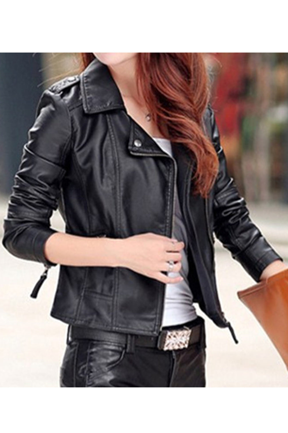 Women Zipper Style Long Sleeve Collar Neck Classy Leather Jacket