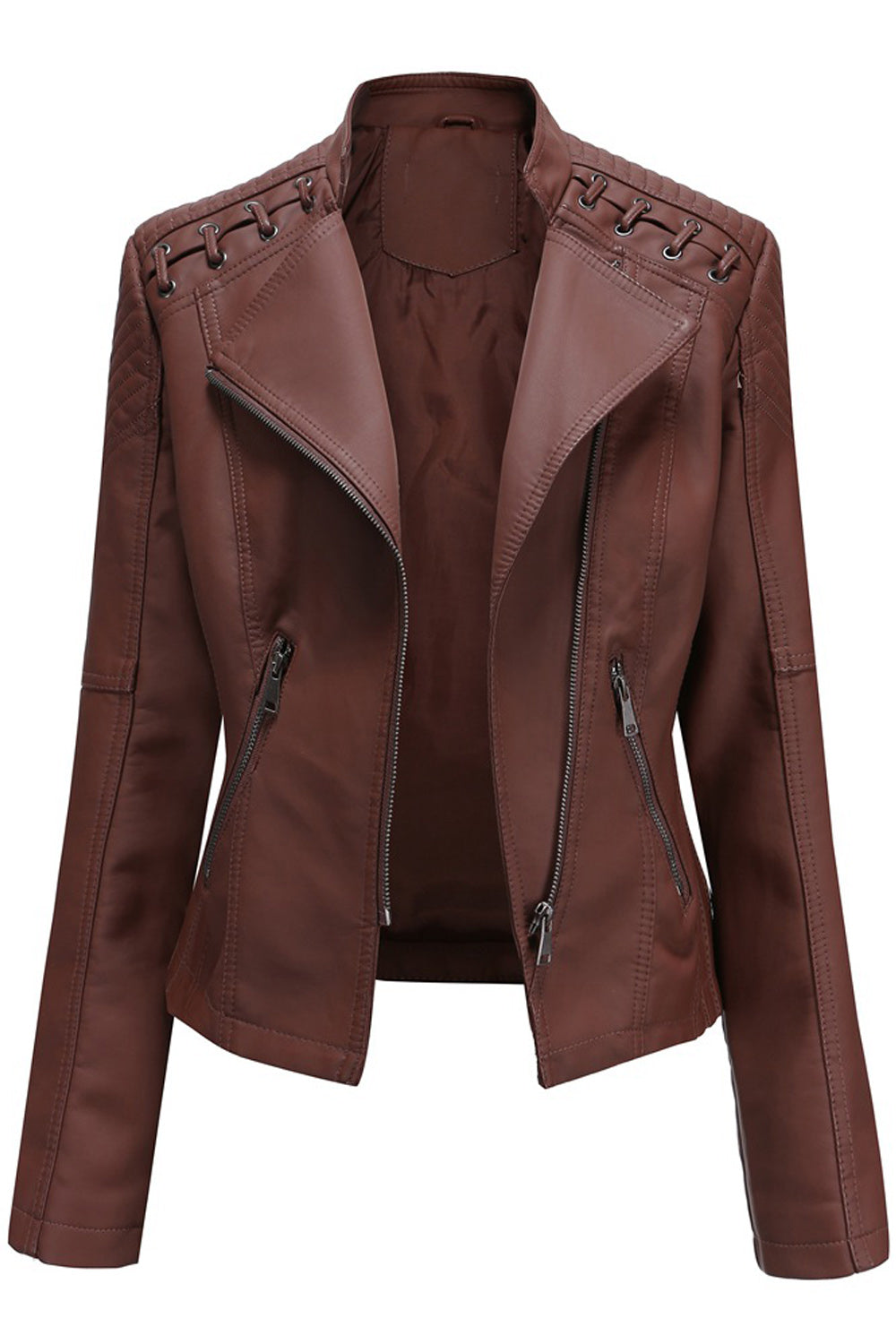 Women Convenient Solid Colored Long Sleeve Warm Leather Jacket