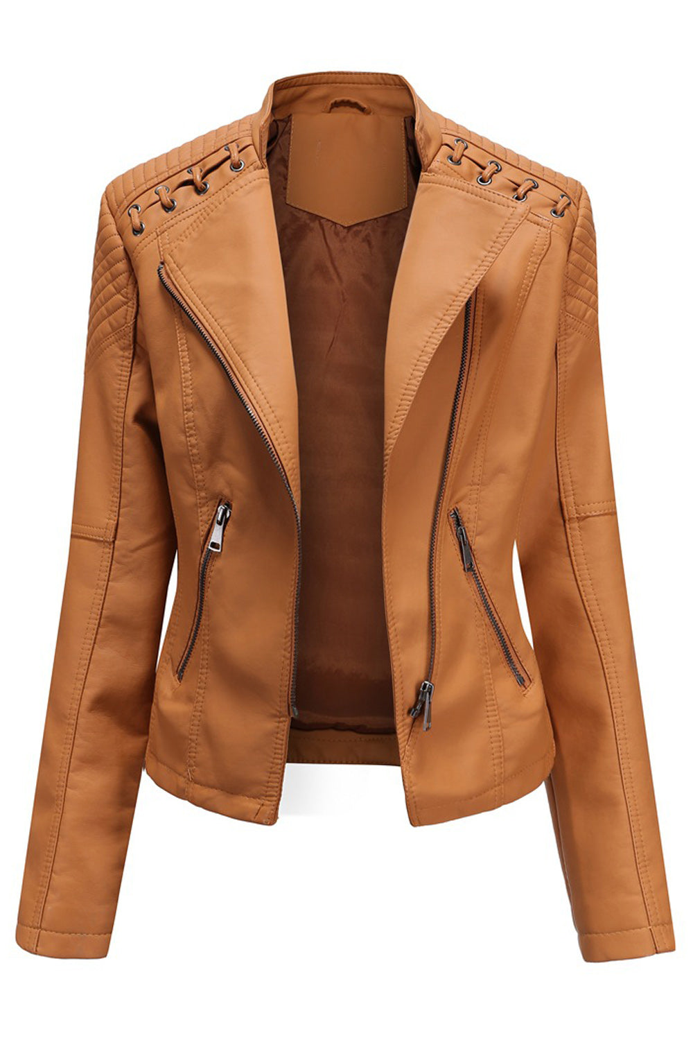 Women Convenient Solid Colored Long Sleeve Warm Leather Jacket
