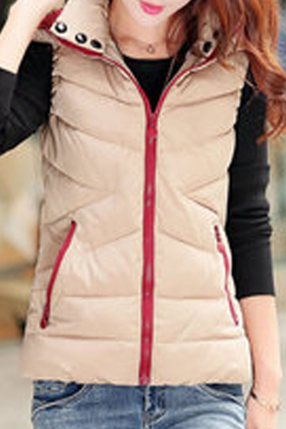 Women Stand Collar Solid Colored Zipper Closure Vest