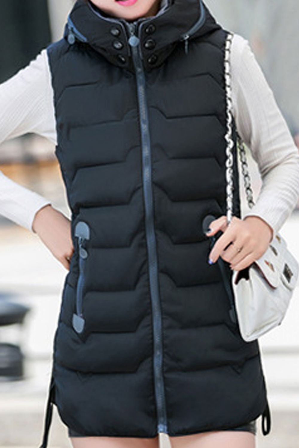 Women Solid Colored Zipper Closure Outer Warm Padded Vest