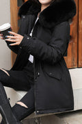 Women Comfortable Fur Hooded Neck Solid Colored Warm Padded Jacket