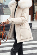 Women Breathable Solid Colored Fur Hooded Neck Padded Jacket