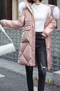 Women Casual Fashion Zip Up Warm Hooded Fur Neck Padded Jacket
