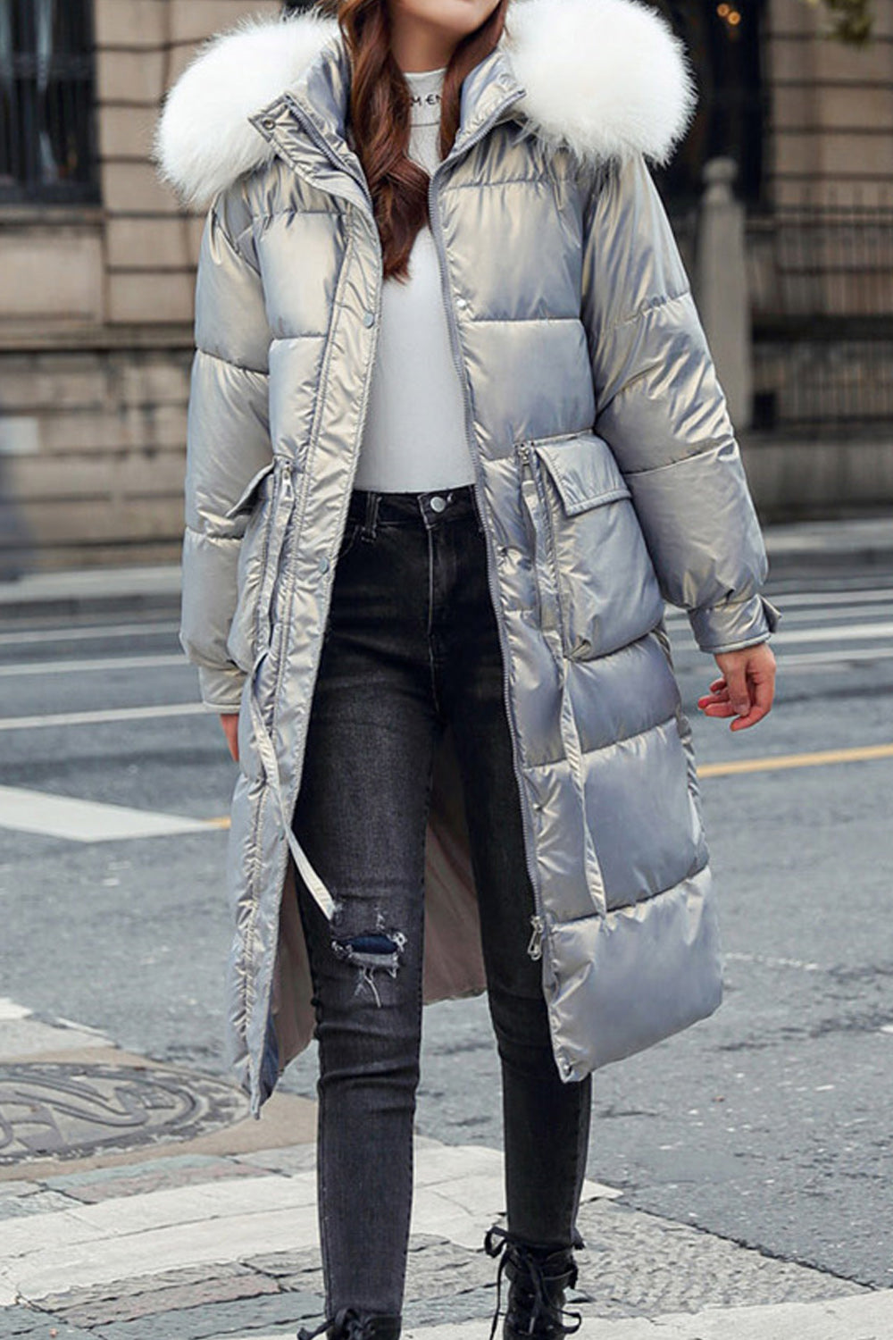 Women Admirable Solid Colored Hooded Fur Neck Padded Jacket