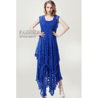 WOMEN PLUS SIZE SLEEVELESS IRREGULAR SKIRT LACE COURTSHIP SLIP DRESS BLUE