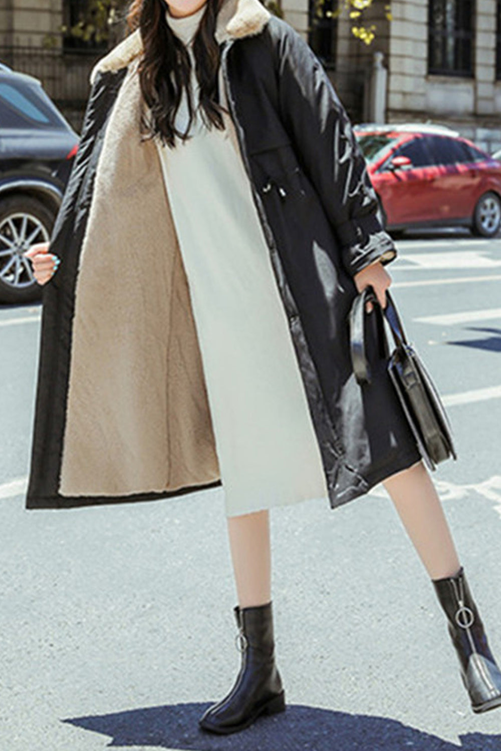 Women Light Weight Solid Colored Fur Collar Knee Length Padded Jacket