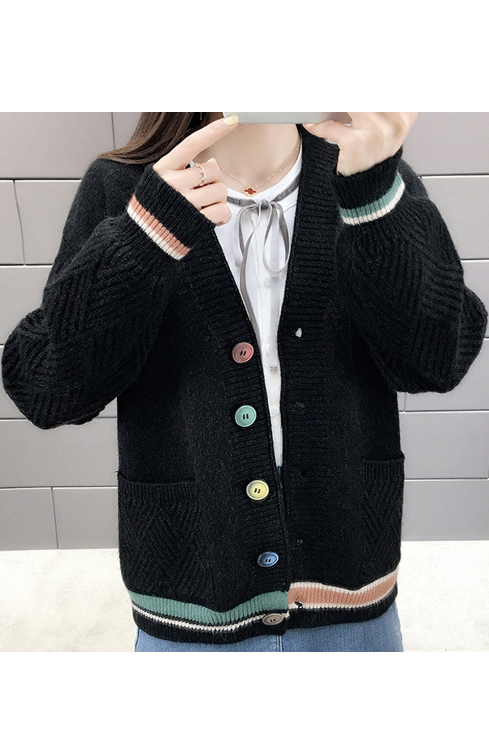 Women Striped Pattern Button Closure Warm Long Sleeve Thick Cardigan
