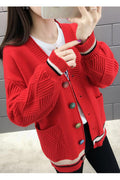 Women Striped Pattern Button Closure Warm Long Sleeve Thick Cardigan