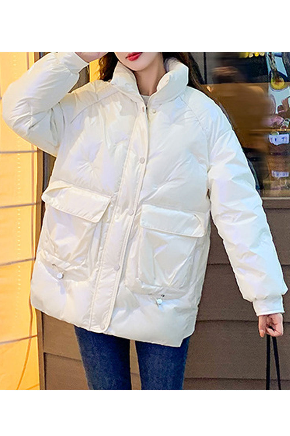 Women Pretty Solid Colored Stand Collar Neck Soft Cozy Winter Padded Jacket