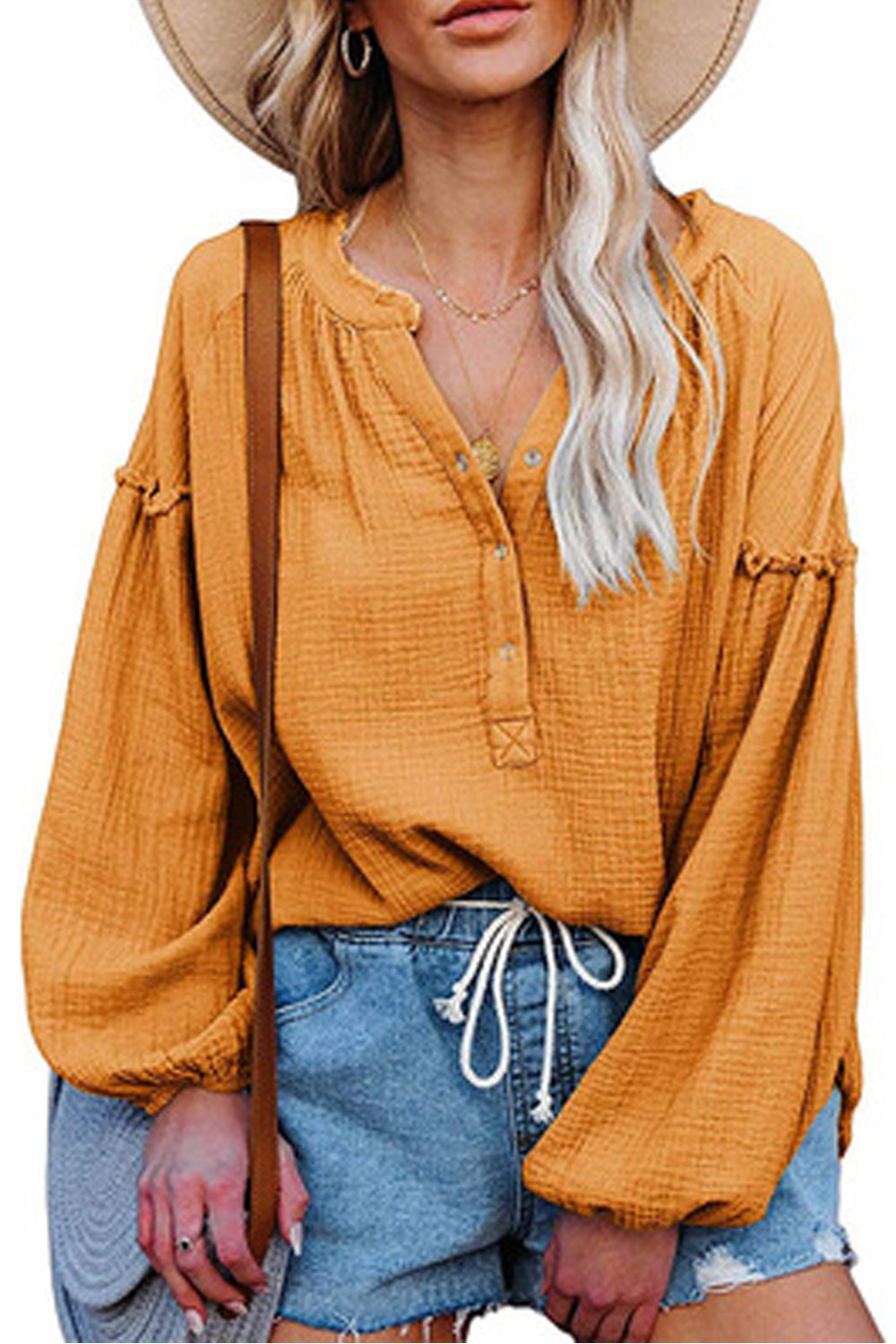 Women Aamzing Lantern Long Sleeve Solid Colored Elegant V-Neck Breathable Shirt