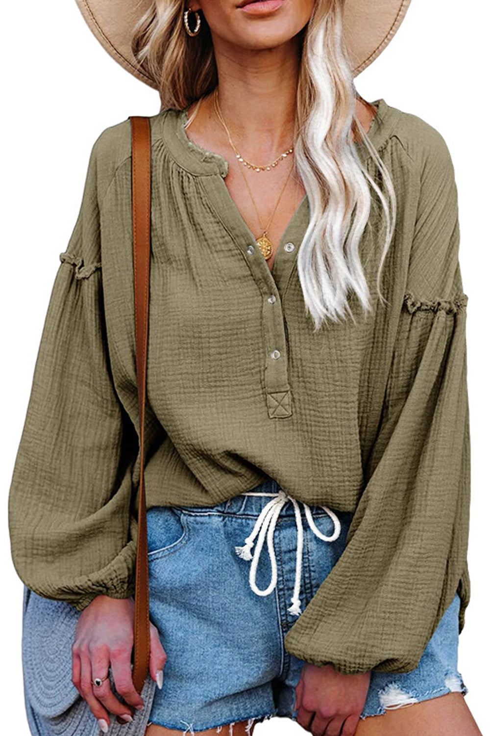 Women Aamzing Lantern Long Sleeve Solid Colored Elegant V-Neck Breathable Shirt