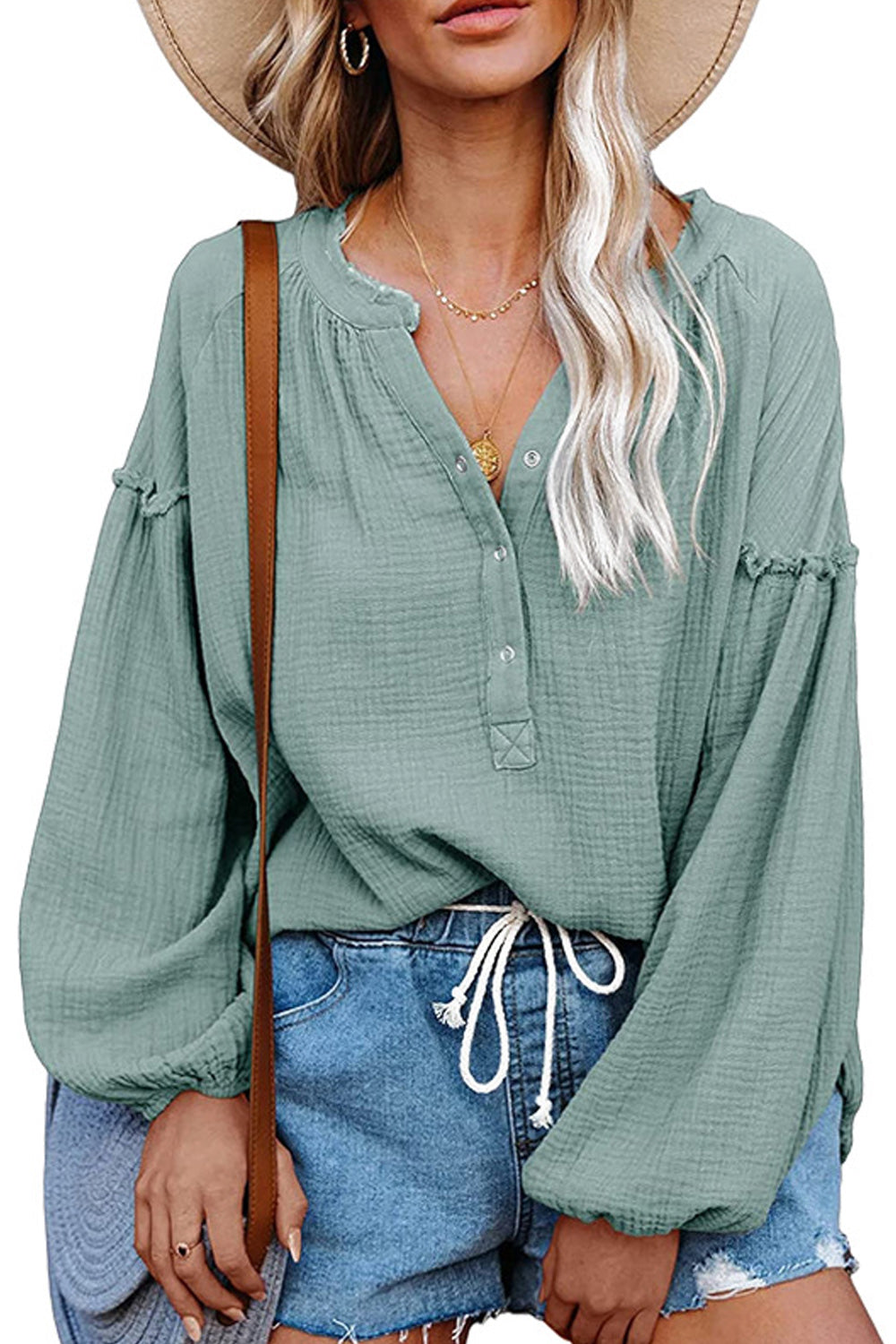 Women Aamzing Lantern Long Sleeve Solid Colored Elegant V-Neck Breathable Shirt
