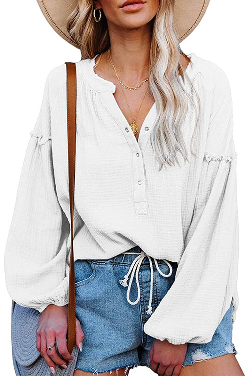 Women Aamzing Lantern Long Sleeve Solid Colored Elegant V-Neck Breathable Shirt