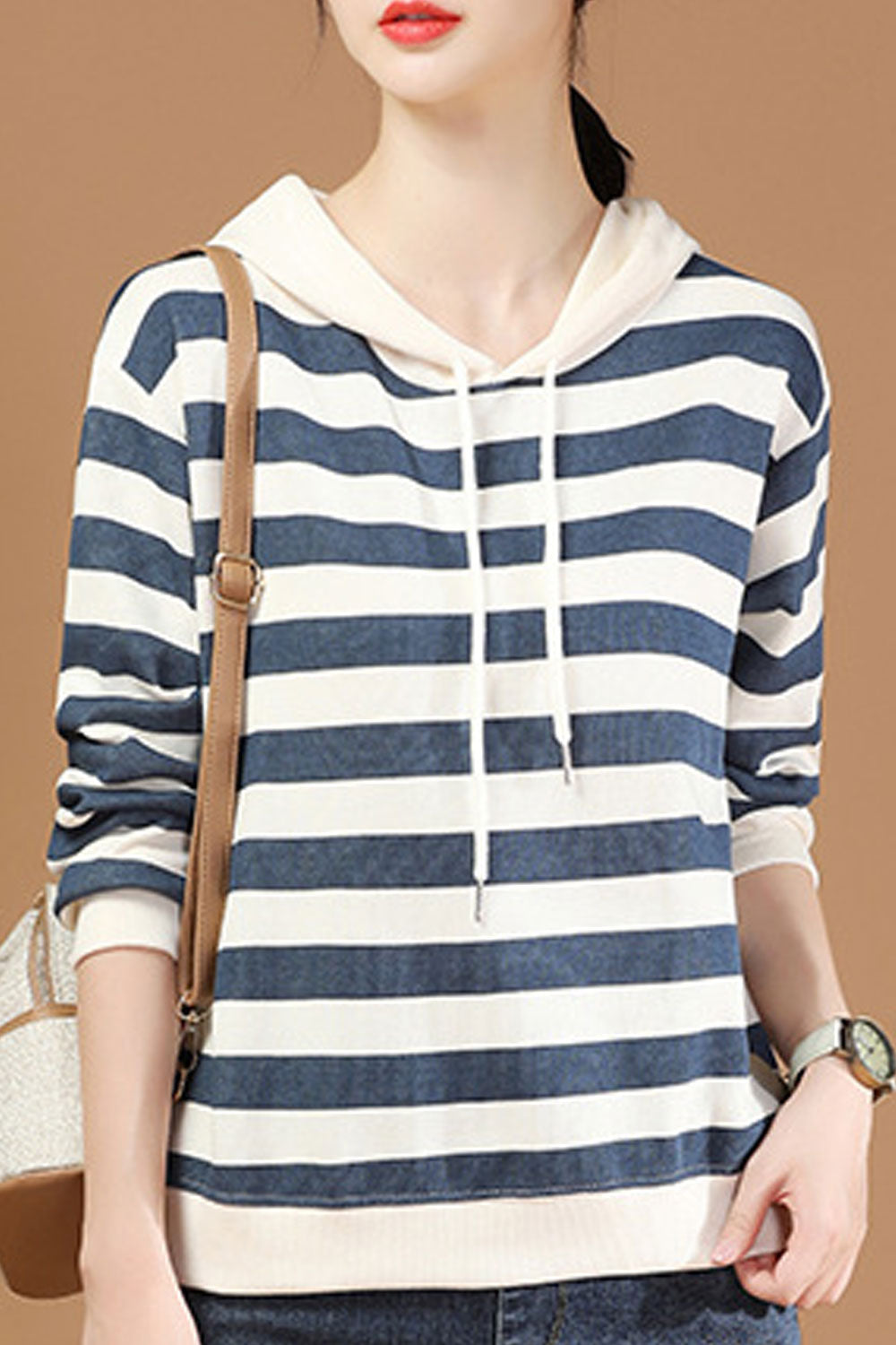 Women Striped Pattern Long Sleeve Stylish Casual Warm Hoodie