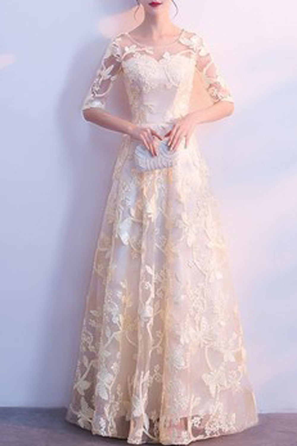 Women Half Sleeve Decorated Slim Long Maxi Party Dress