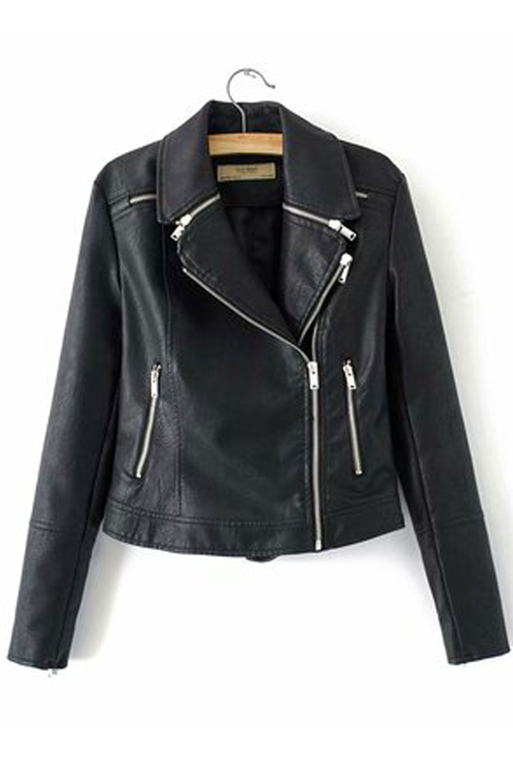 Women Classy Punk Collar Zipper Closure long Sleeves Leather Jacket
