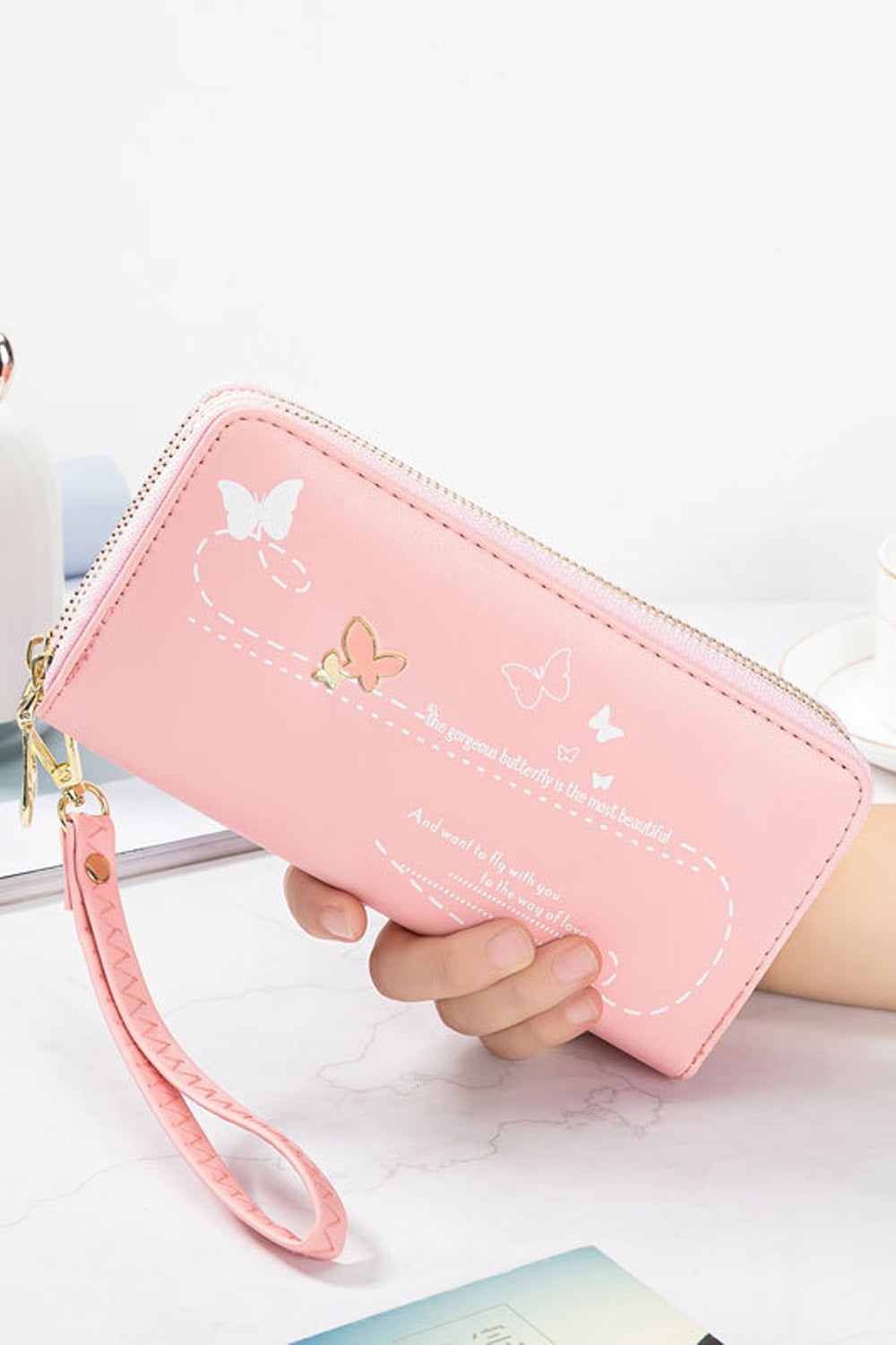 Women Solid Pattern Butterfly Embossing Thick PU Leather Card Holder Horizontal Shape Clutches