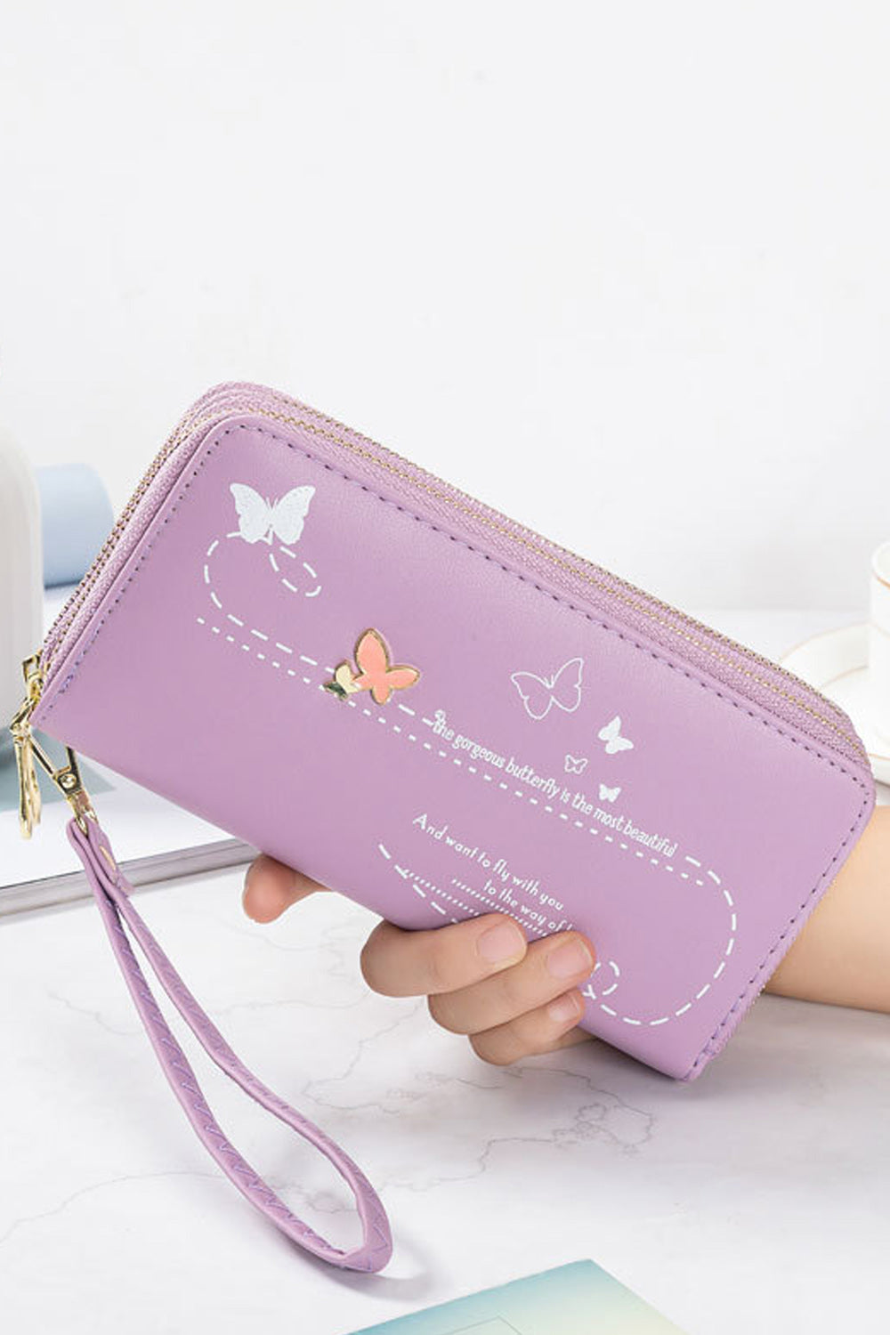 Women Solid Pattern Butterfly Embossing Thick PU Leather Card Holder Horizontal Shape Clutches