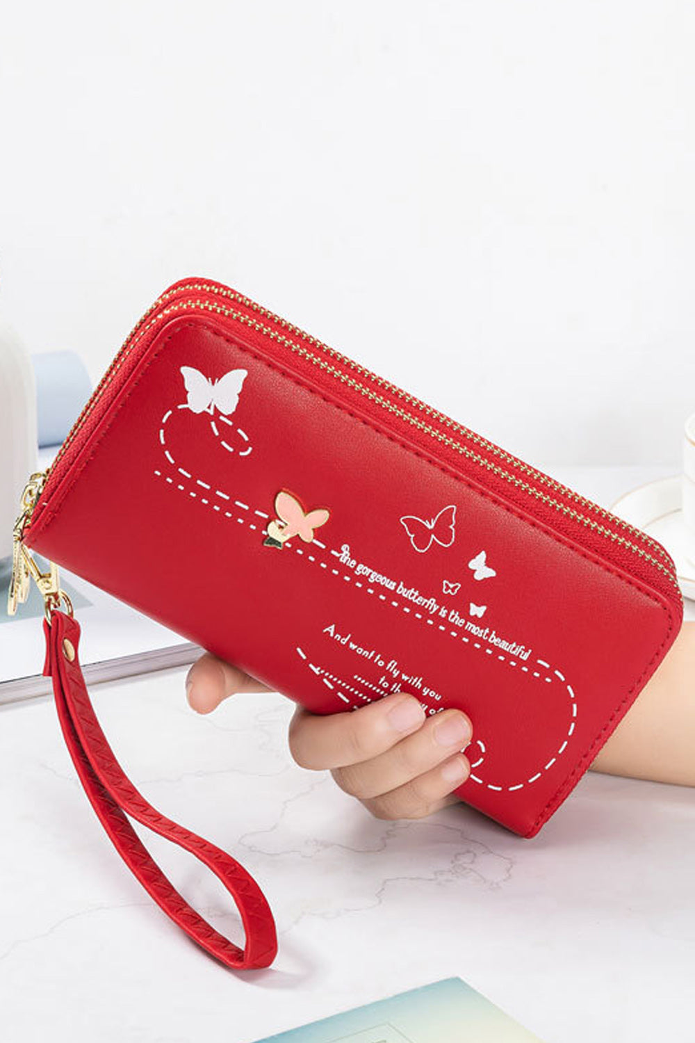 Women Solid Pattern Butterfly Embossing Thick PU Leather Card Holder Horizontal Shape Clutches
