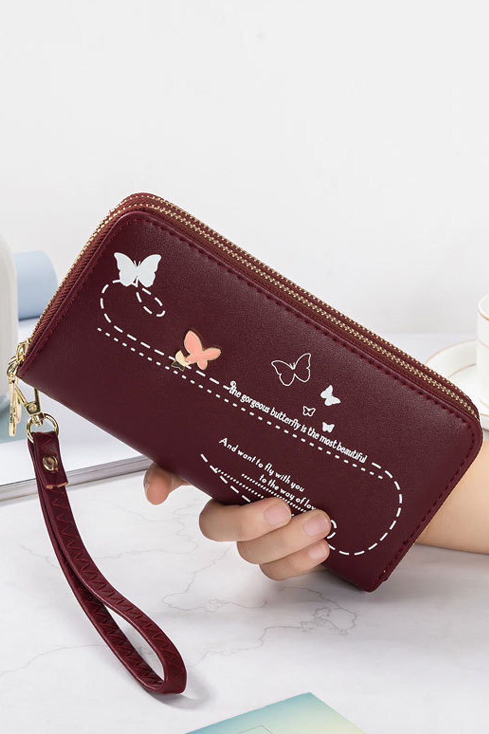 Women Solid Pattern Butterfly Embossing Thick PU Leather Card Holder Horizontal Shape Clutches