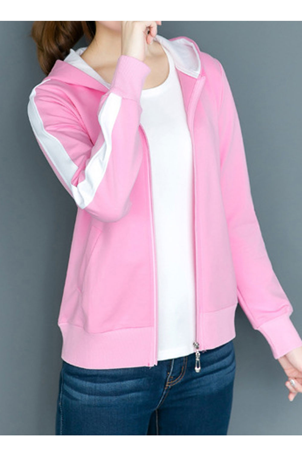 Women Decent Solid Colored Ribbed Cuff Easy Hooded Neck Ribbed Hem Zipper Closure Thick & Warm Winter Hoodie