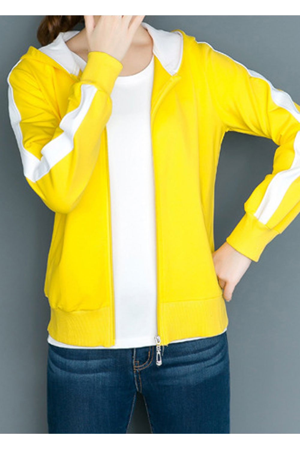 Women Decent Solid Colored Ribbed Cuff Easy Hooded Neck Ribbed Hem Zipper Closure Thick & Warm Winter Hoodie