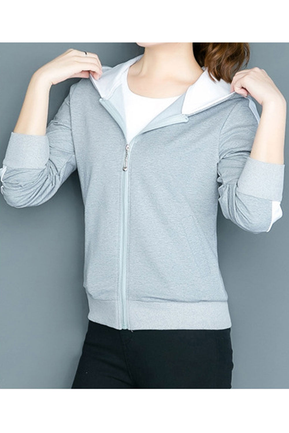 Women Decent Solid Colored Ribbed Cuff Easy Hooded Neck Ribbed Hem Zipper Closure Thick & Warm Winter Hoodie