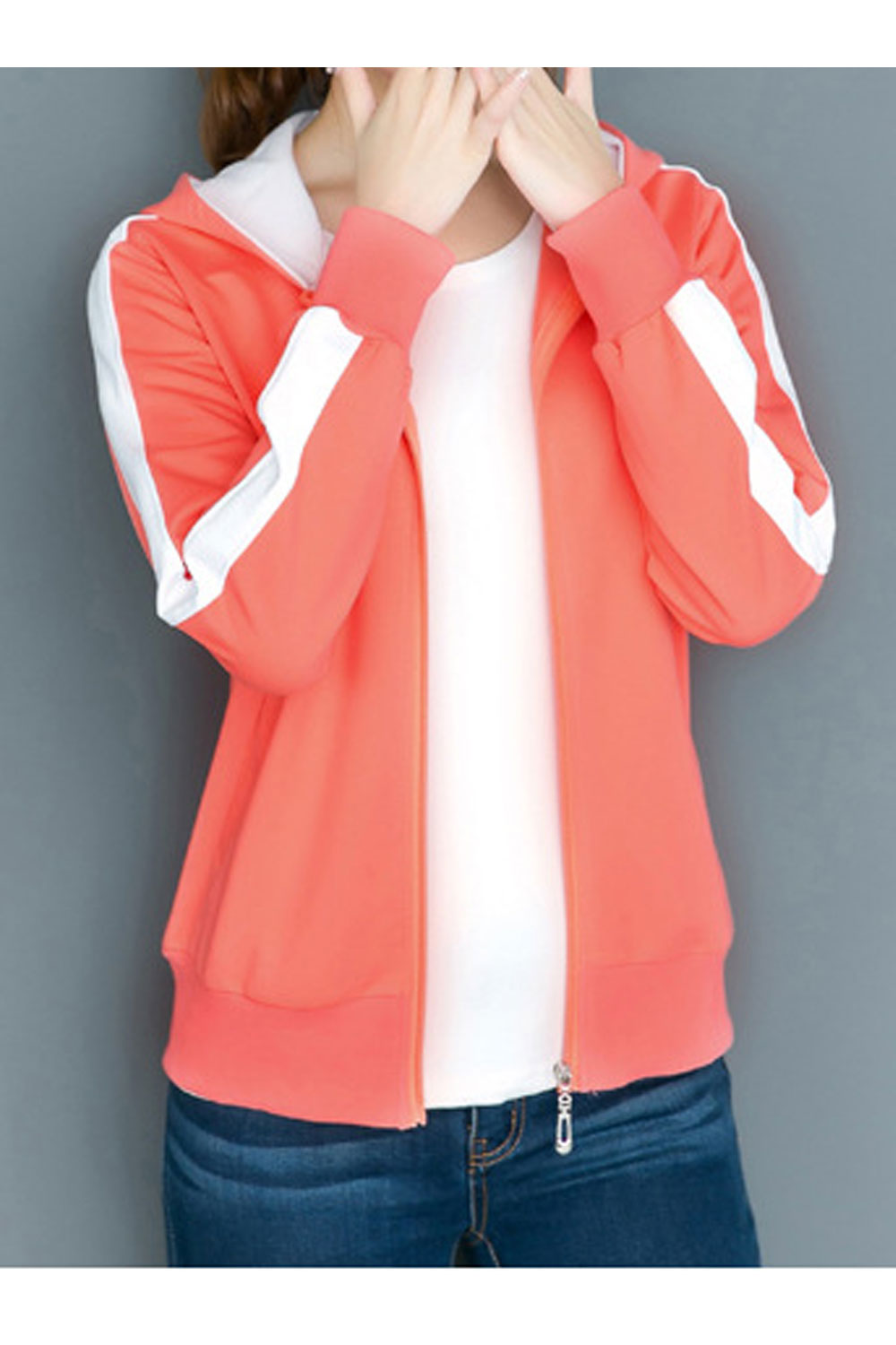 Women Decent Solid Colored Ribbed Cuff Easy Hooded Neck Ribbed Hem Zipper Closure Thick & Warm Winter Hoodie