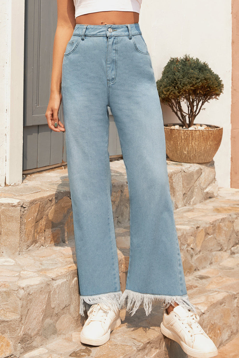 Women Comfortable Relax Fit High Waist Superb Solid Colored Tessel Styled Four Pockets Casual Stretchable Denim Jeans