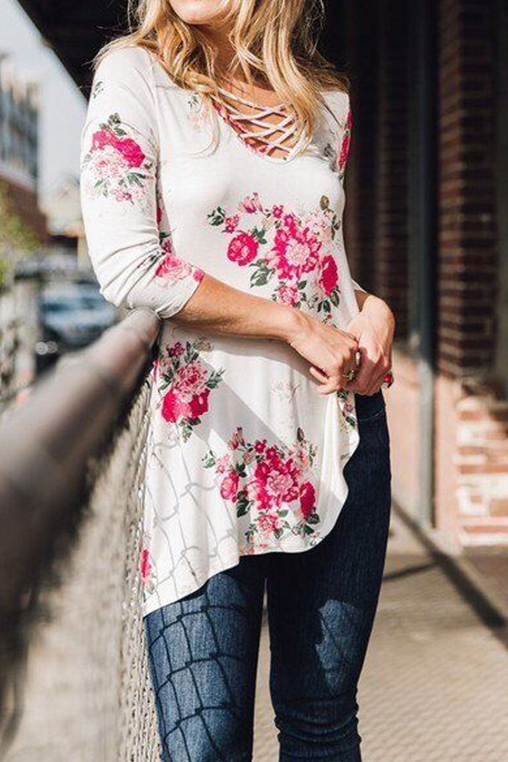 Women Multi Strap Neck Irregular Hem Floral Top