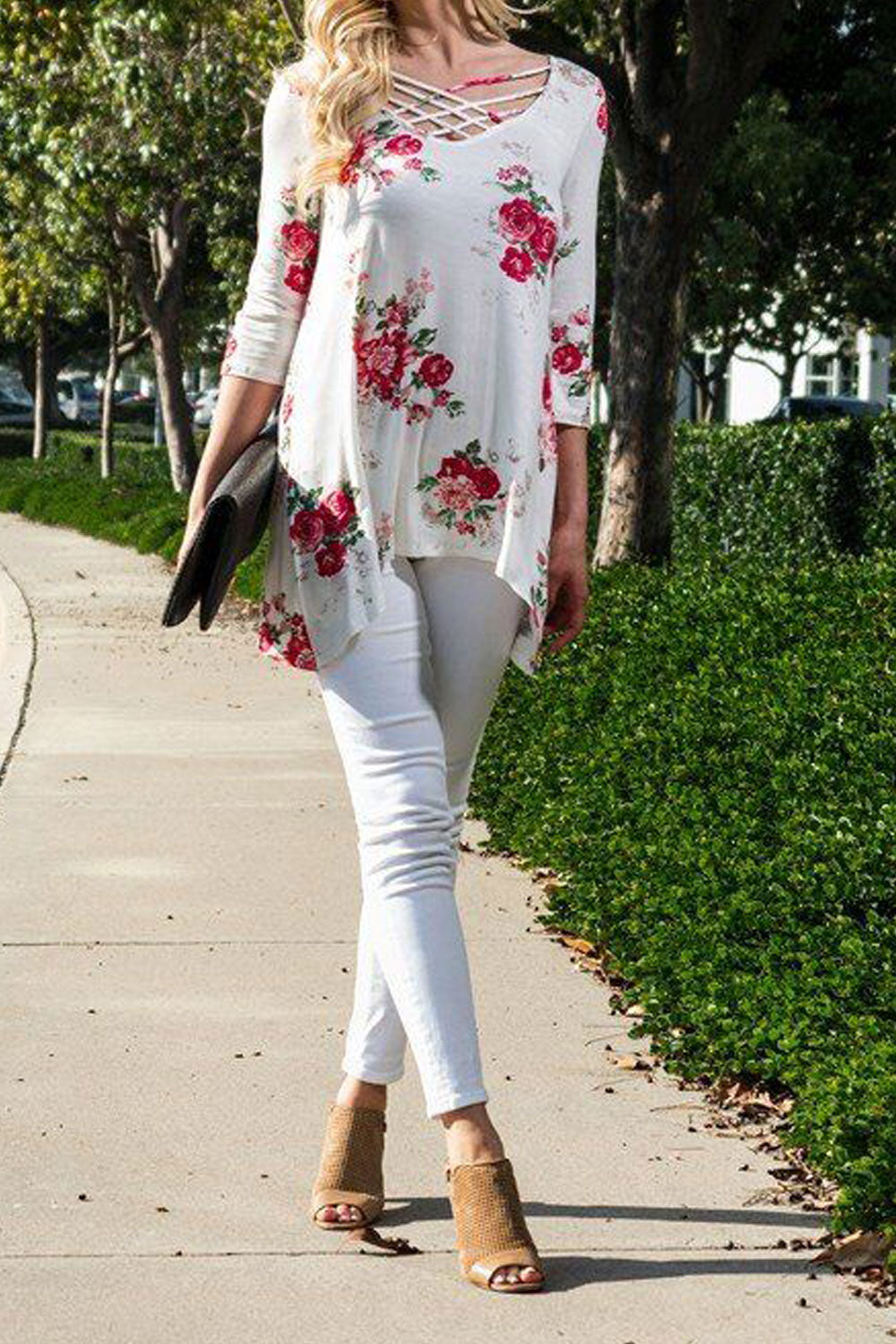 Women Multi Strap Neck Irregular Hem Floral Top
