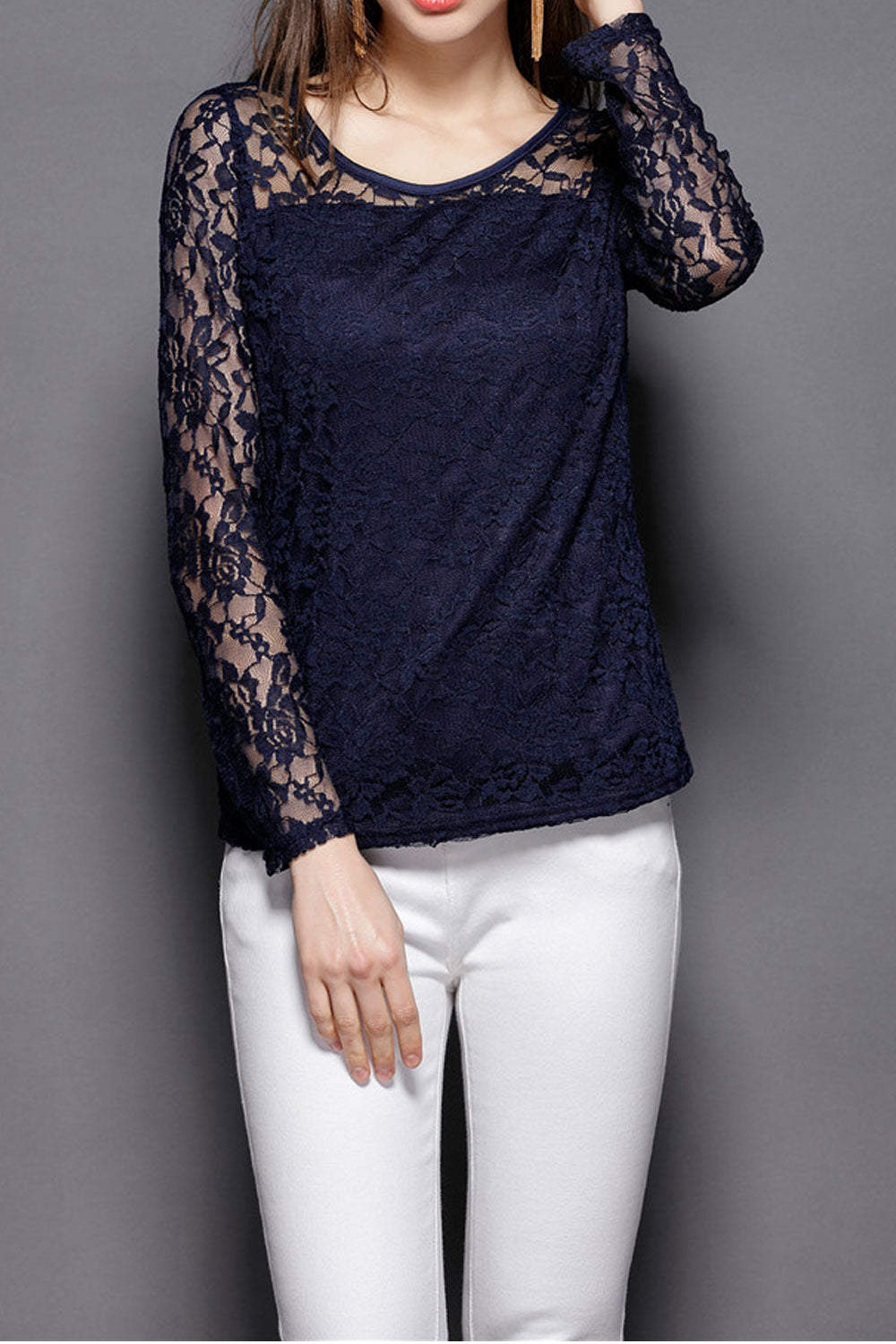 Women Lace Sheered Long Sleeve Slim Top