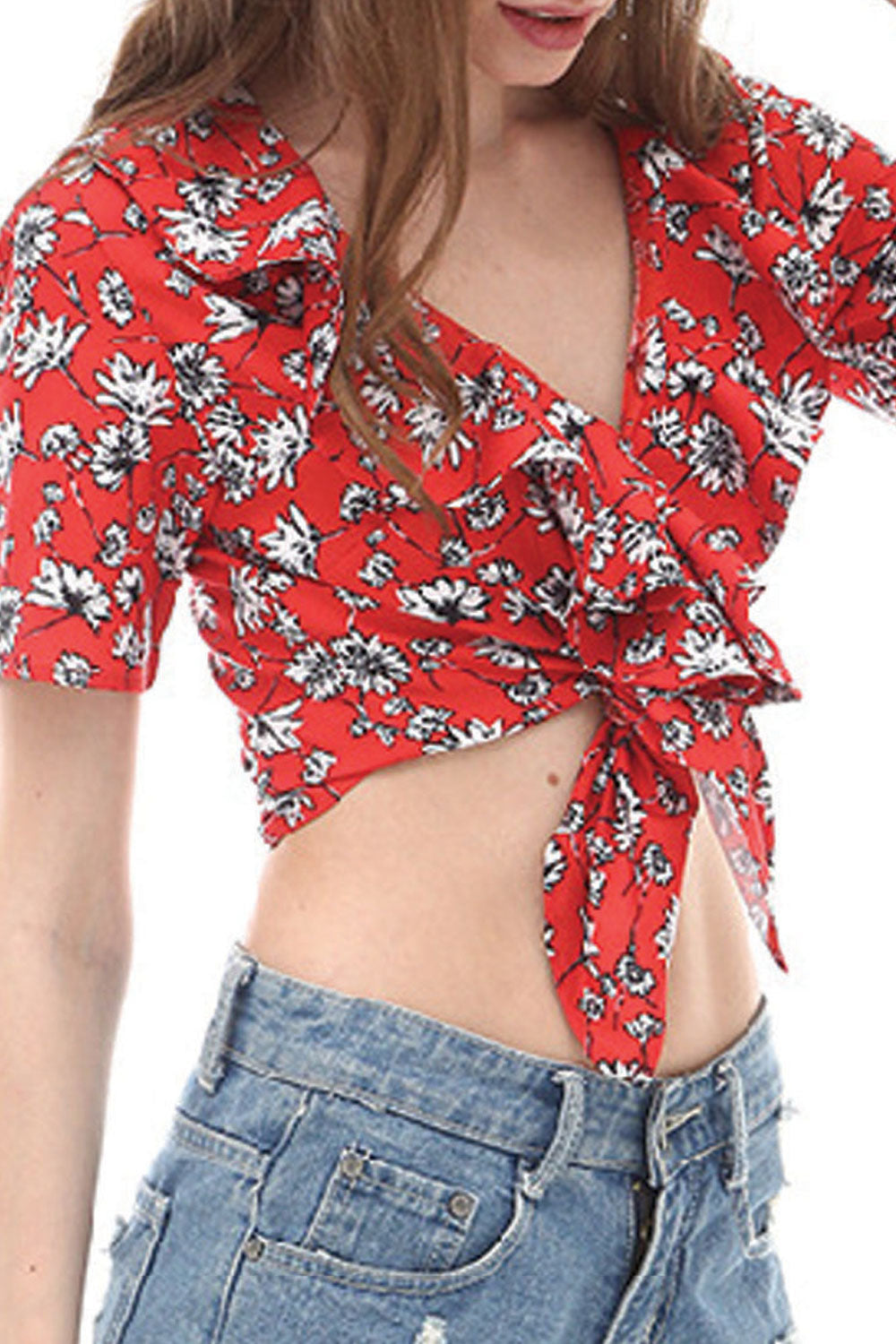 Women Printed Lotus Leaf Deep Neck Pretty Top