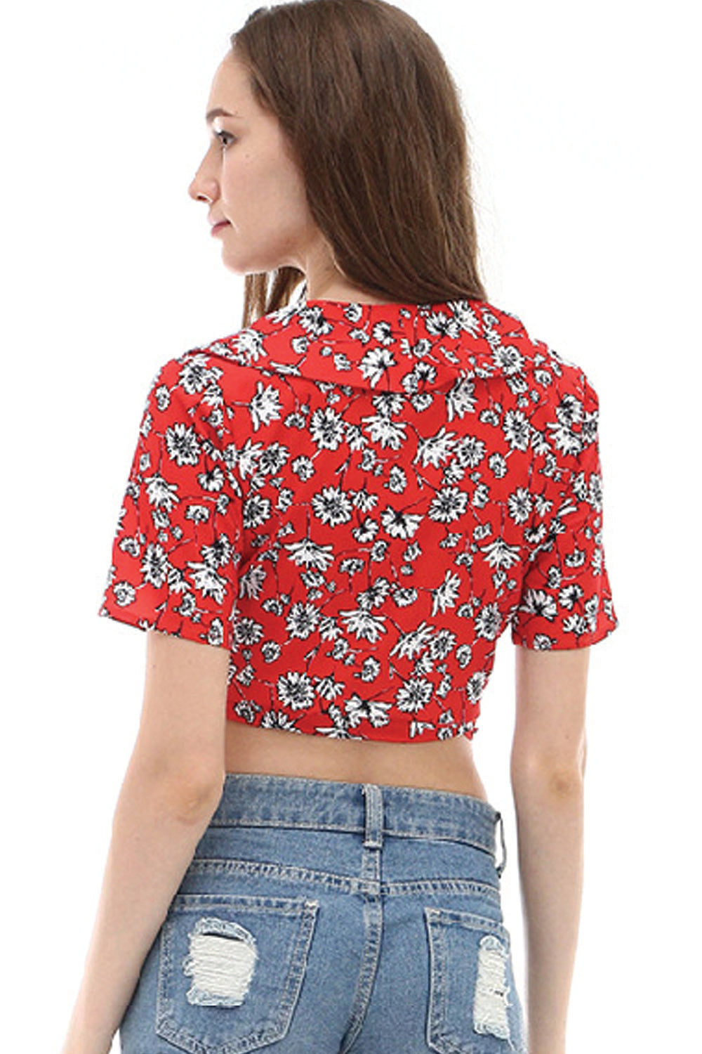 Women Printed Lotus Leaf Deep Neck Pretty Top