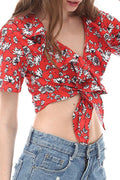 Women Printed Lotus Leaf Deep Neck Pretty Top