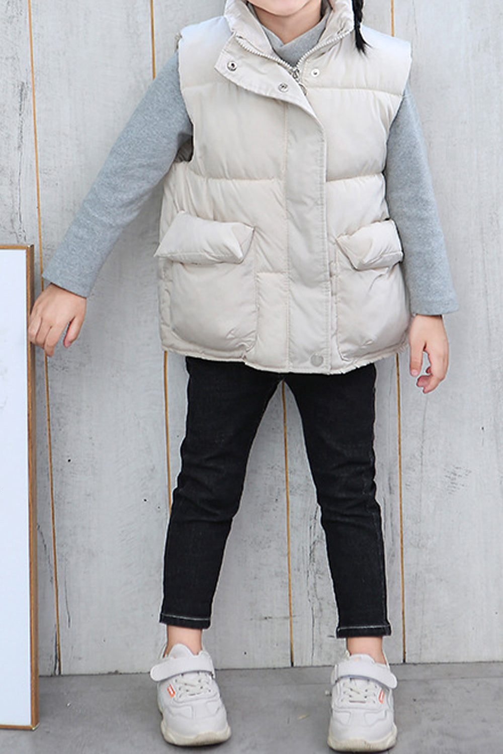 Kids Girls Beautiful Solid Colored Sleeveless Stand Up Collar Warm Flap Pockets Zipper Closure Winter Vest