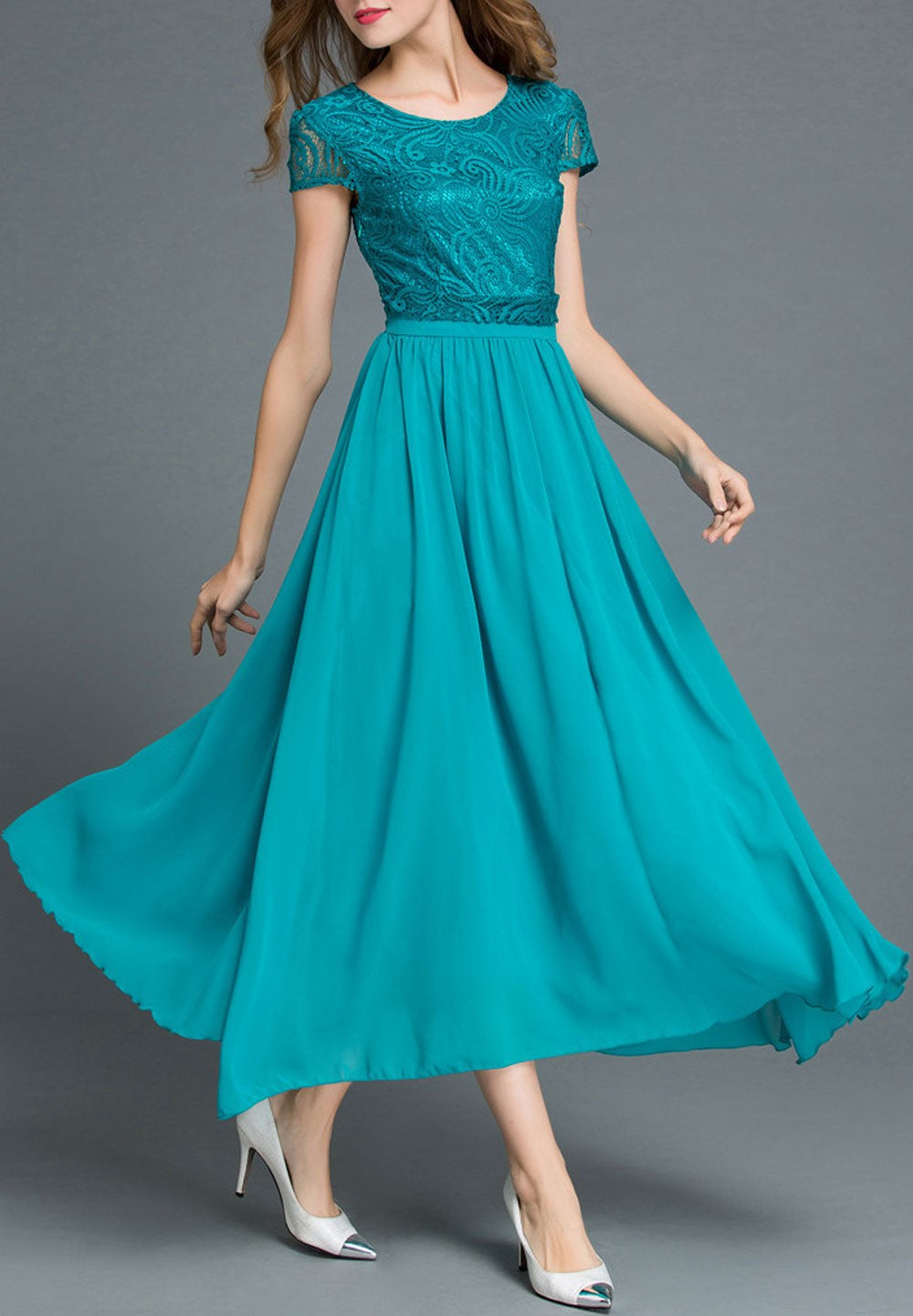 Women Lace Short Sleeve Swing Dress