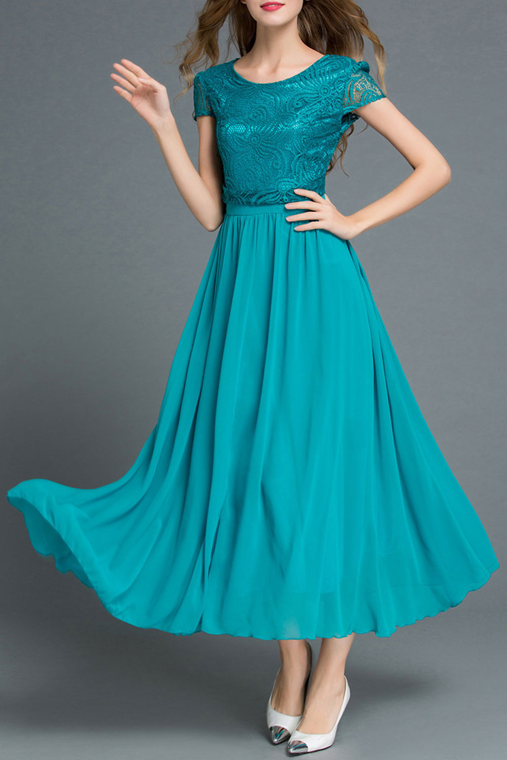 Women Lace Short Sleeve Swing Dress