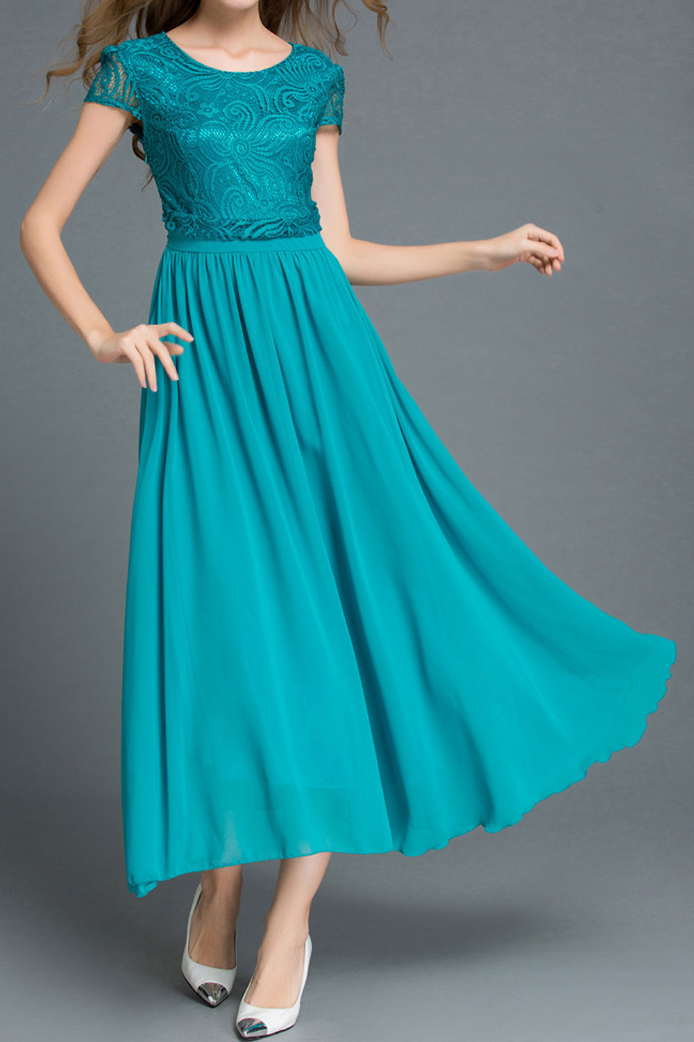 Women Lace Short Sleeve Swing Dress