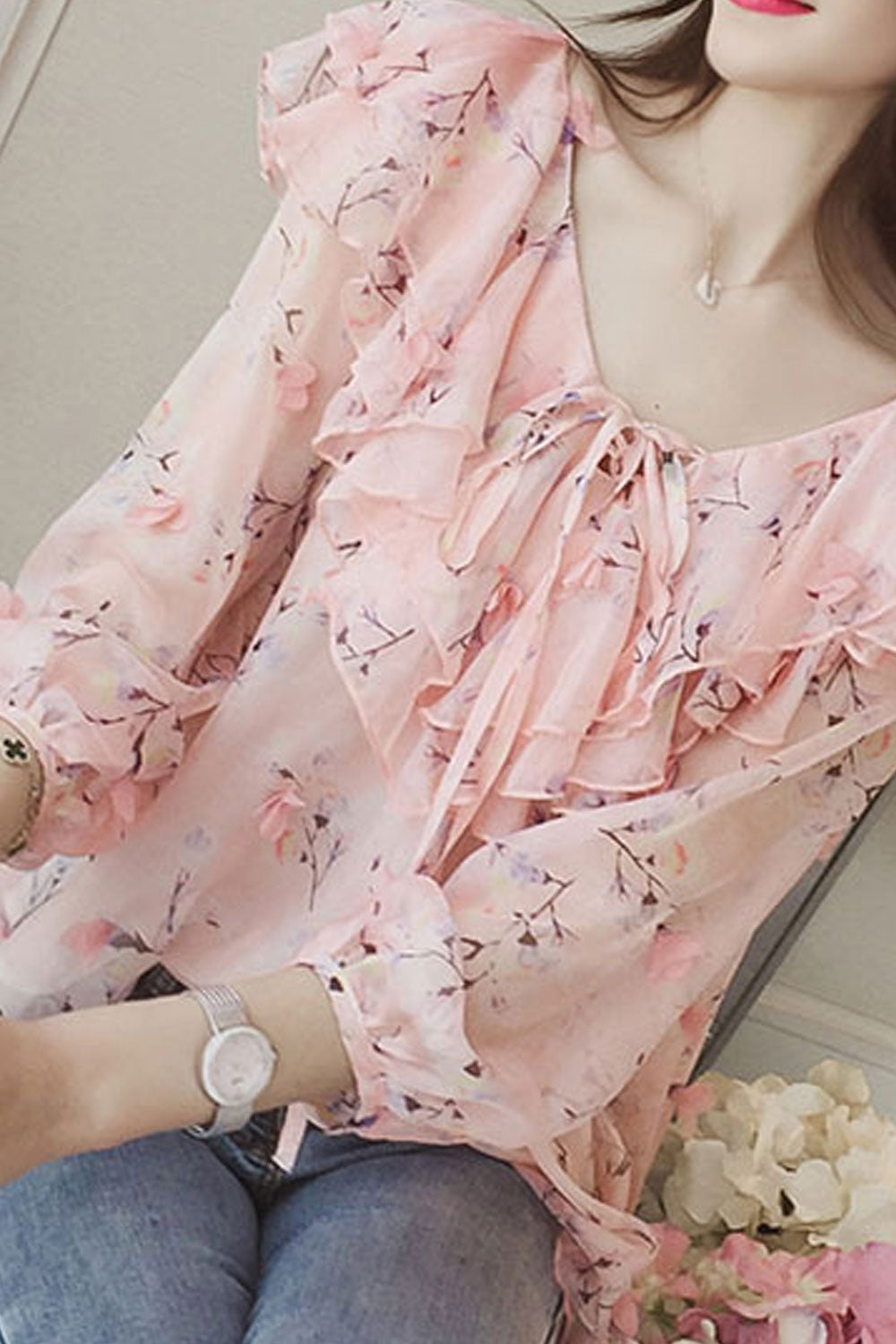 Women Flouncing Ruffle Neck Printed Decorated Blouse