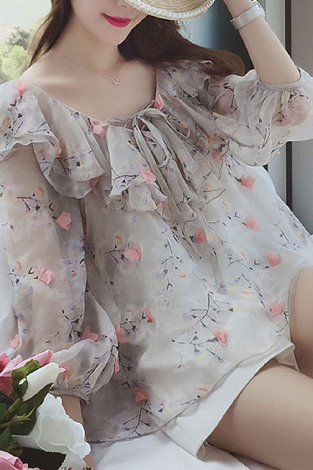 Women Flouncing Ruffle Neck Printed Decorated Blouse