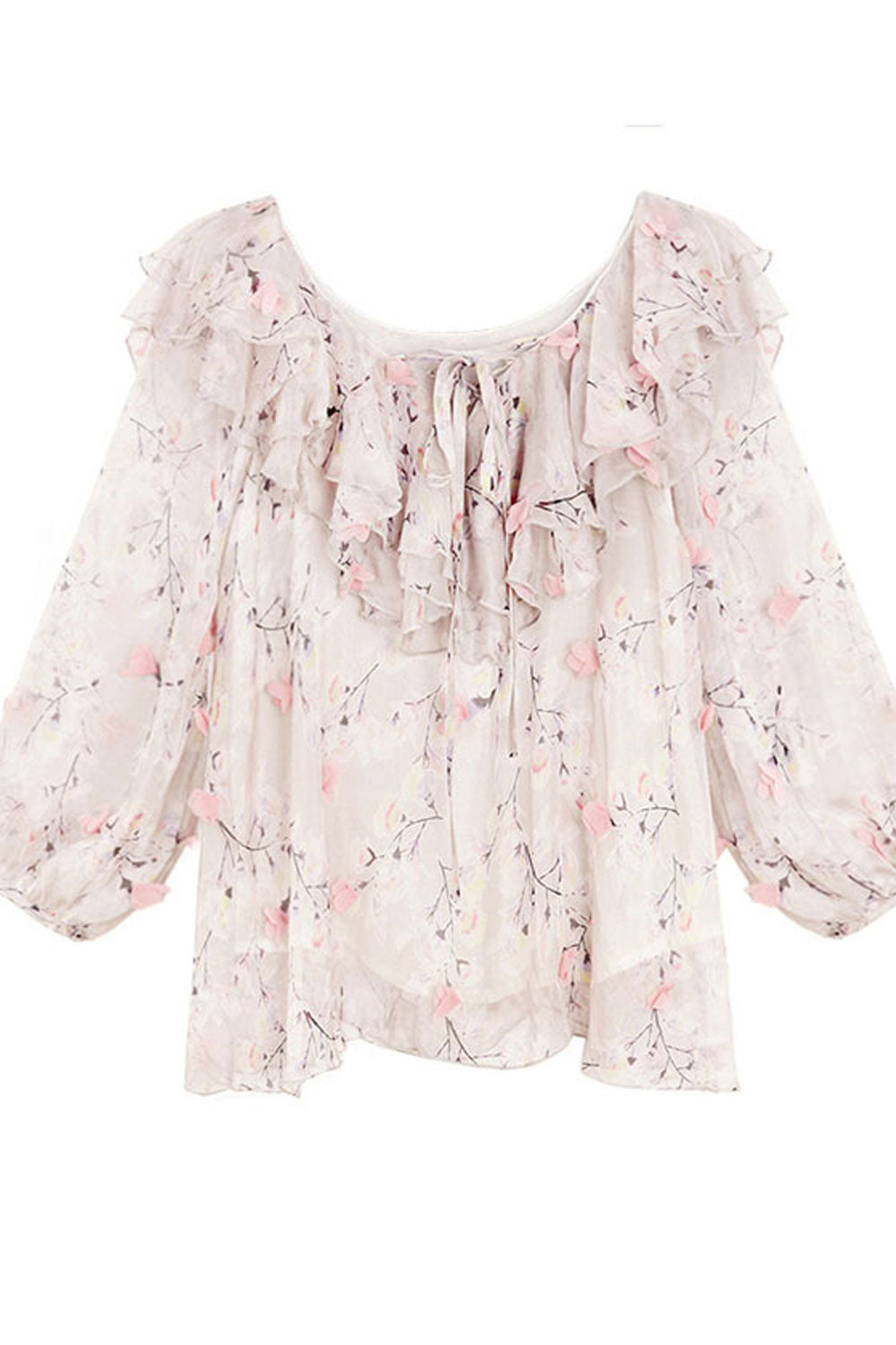 Women Flouncing Ruffle Neck Printed Decorated Blouse